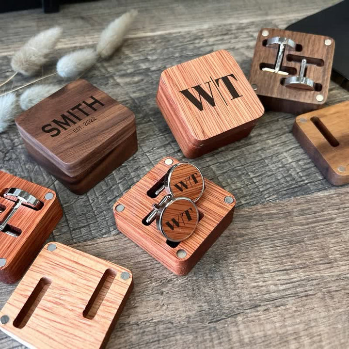 1 par de gemelos clásicos de madera con nombre personalizado y caja
