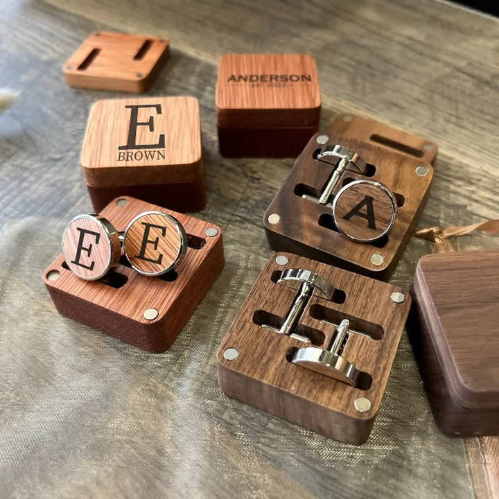 1 par de gemelos clásicos de madera con nombre personalizado y caja