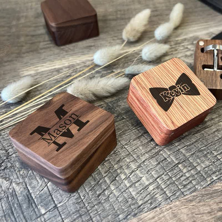 1 par de gemelos clásicos de madera con nombre personalizado y caja