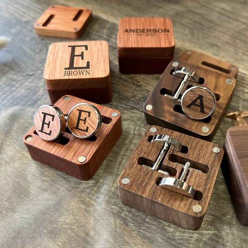1 par de gemelos clásicos de madera con nombre personalizado y caja