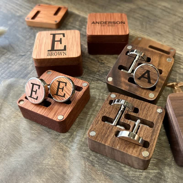 1 par de gemelos clásicos de madera con nombre personalizado y caja