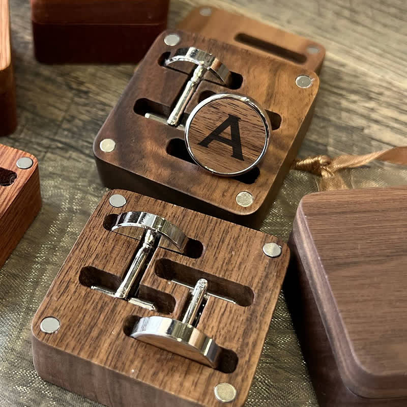 1 par de gemelos clásicos de madera con nombre personalizado y caja