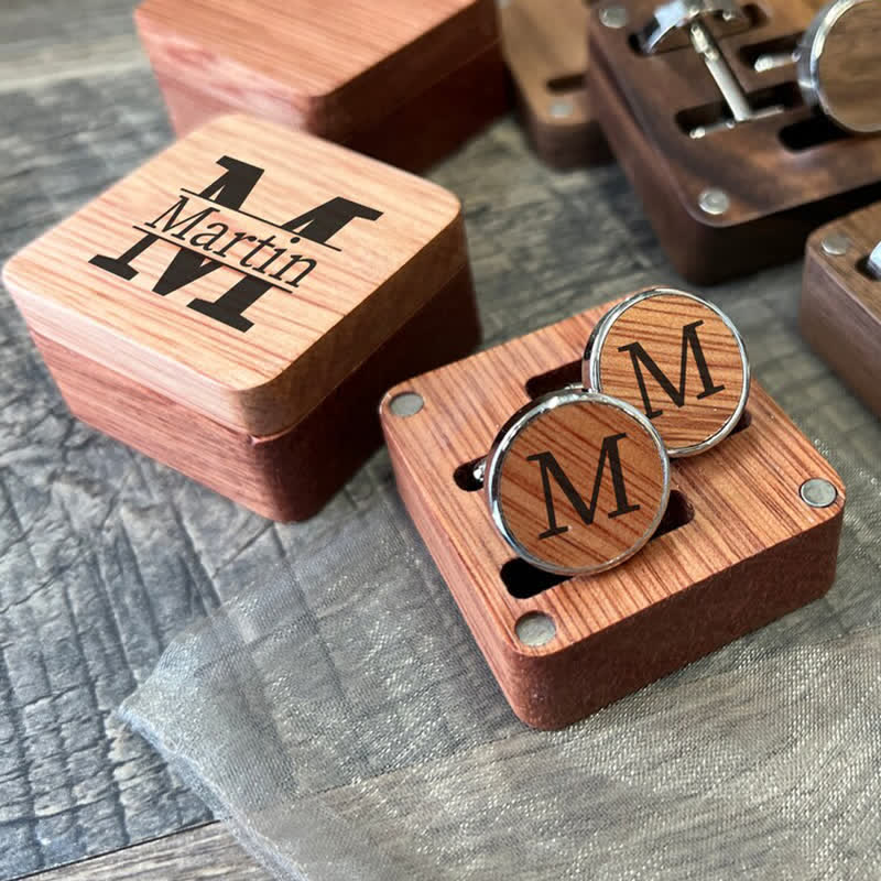 1 par de gemelos clásicos de madera con nombre personalizado y caja