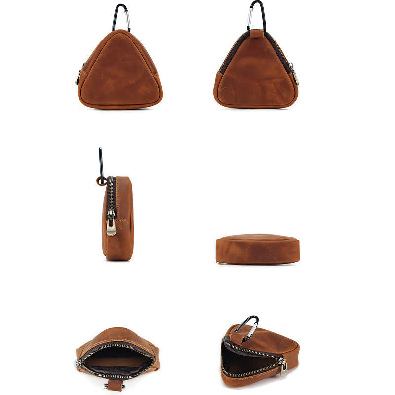 Monedero triangular pequeño con cremallera y bolsillo de cuero
