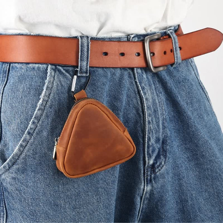Monedero triangular pequeño con cremallera y bolsillo de cuero