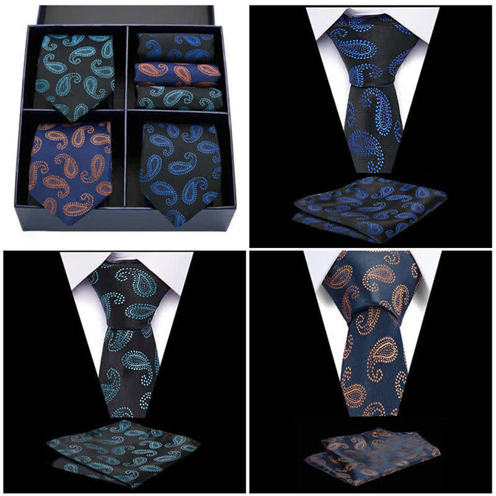 Conjunto de 6 pañuelos de bolsillo y corbata con motivos paisley verde y azul marino para hombre, en caja de regalo