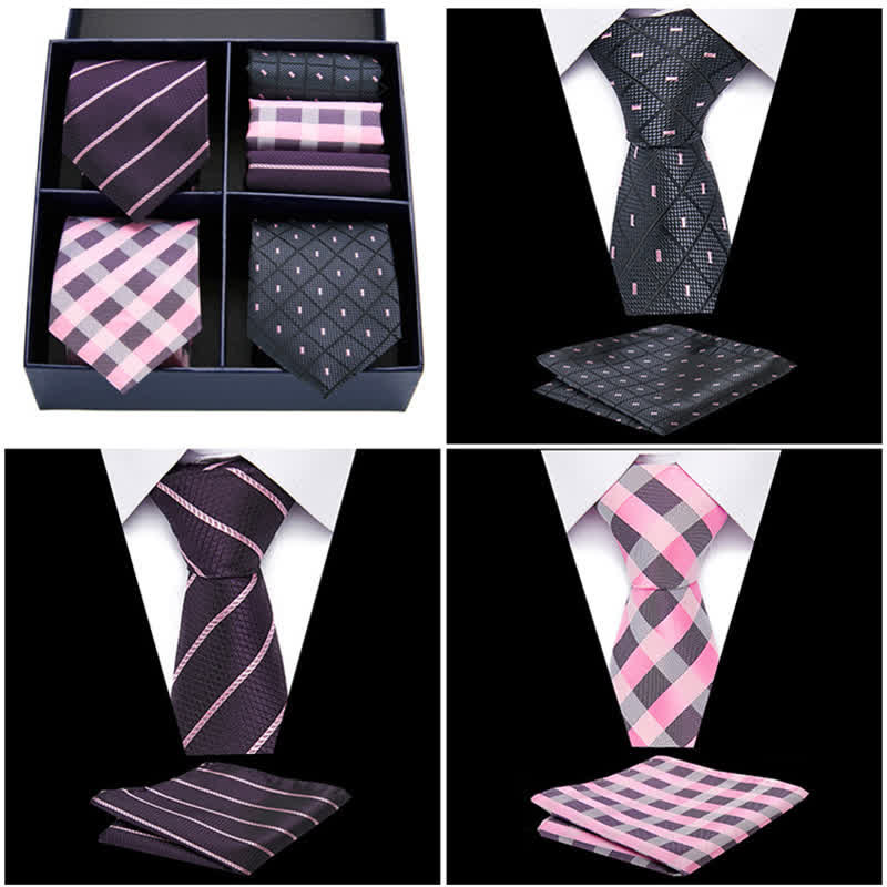 Conjunto de 6 pañuelos de bolsillo con rayas rosas y negras para hombre, caja de regalo