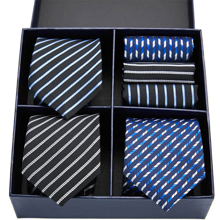 Conjunto de 6 pañuelos de bolsillo con rayas azules y negras para hombre, caja de regalo