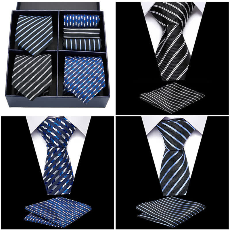 Conjunto de 6 pañuelos de bolsillo con rayas azules y negras para hombre, caja de regalo