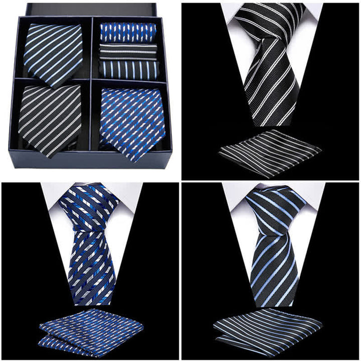 Conjunto de 6 pañuelos de bolsillo con rayas azules y negras para hombre, caja de regalo