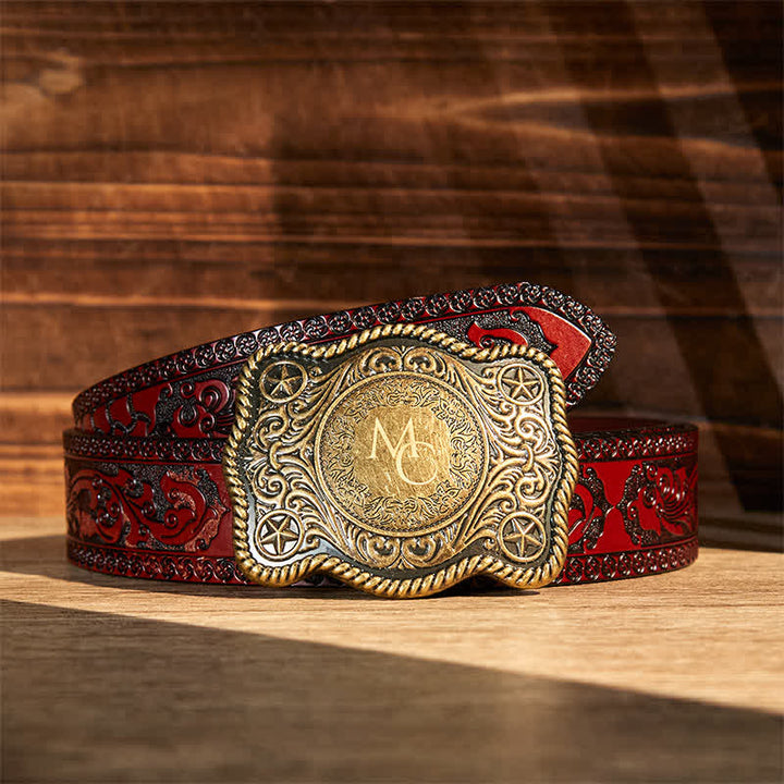 Cinturón de cuero con hebilla estilo western, tallado a mano y con monograma personalizado