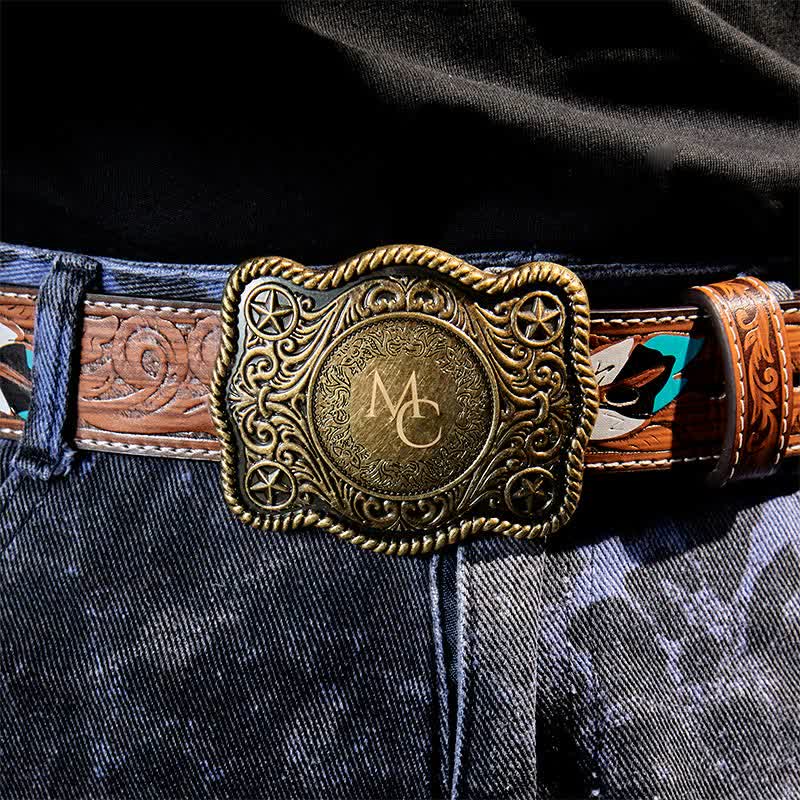 Cinturón de cuero con hebilla estilo western, tallado a mano y con monograma personalizado - image 1