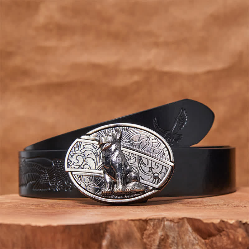 Cinturón de cuero con cuchillo plegable oculto para hombre, hecho a mano, con diseño de perro fiel - Perro leal - Cinturón de águila negra en relieve - 42 - image 4