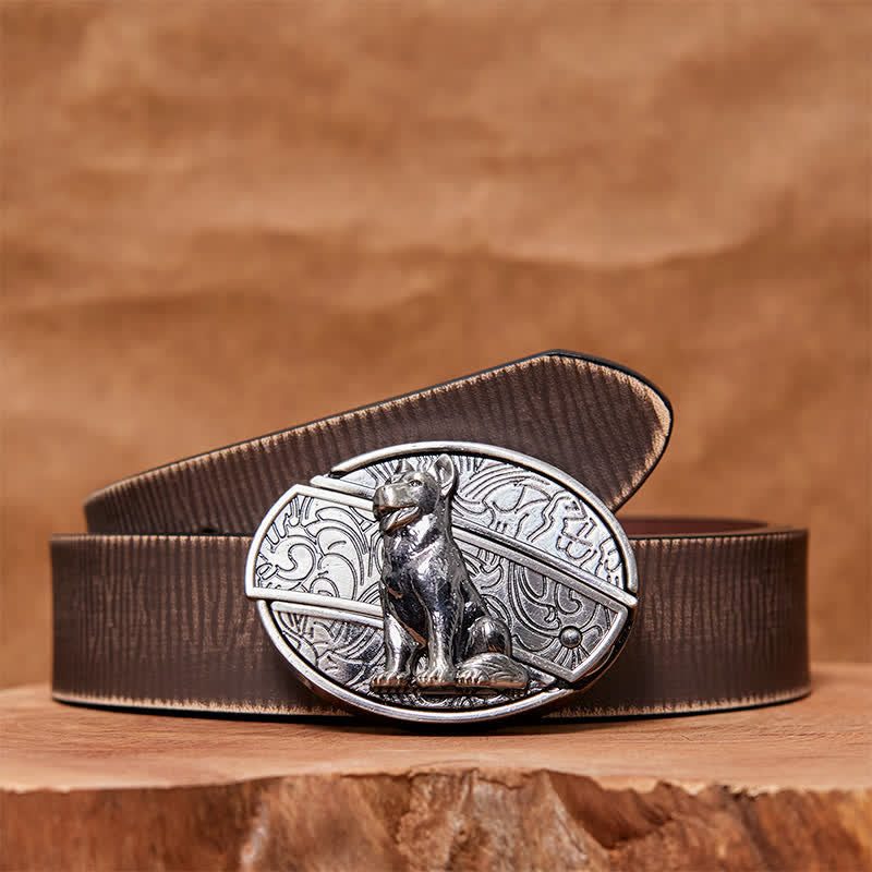 Cinturón de cuero con cuchillo plegable oculto para hombre, hecho a mano, con diseño de perro fiel - Perro leal - Cinturón marrón desgastado - 42 - image 7