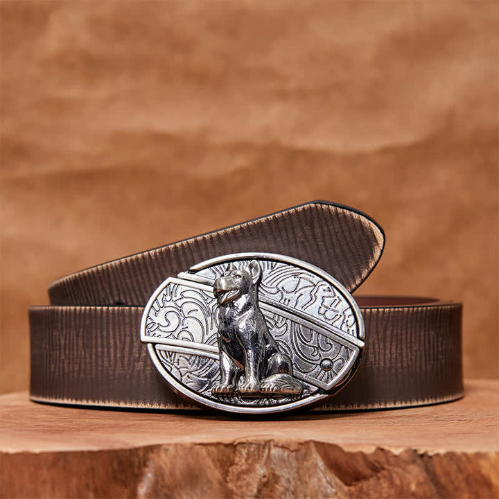 Cinturón de cuero con cuchillo plegable oculto para hombre, hecho a mano, con diseño de perro fiel - Perro leal - Cinturón marrón desgastado - 42 - image 7
