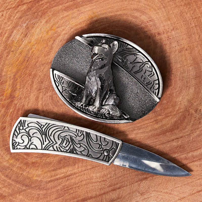 Cinturón de cuero con cuchillo plegable oculto para hombre, hecho a mano, con diseño de perro fiel - image 1