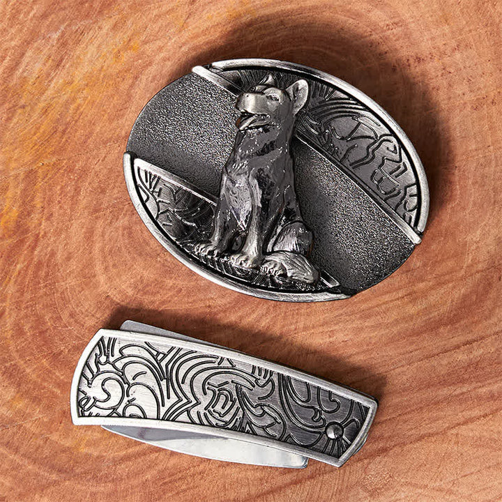 Cinturón de cuero con cuchillo plegable oculto para hombre, hecho a mano, con diseño de perro fiel - image 2