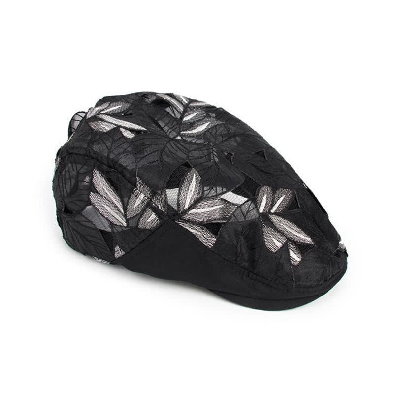 Boina de malla hueca con bordado de hojas para mujer