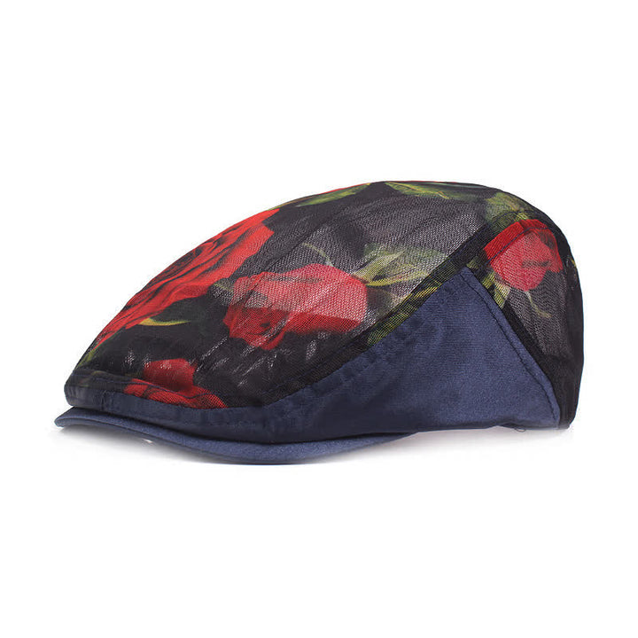 Boina de malla ahuecada con estampado floral elegante para mujer