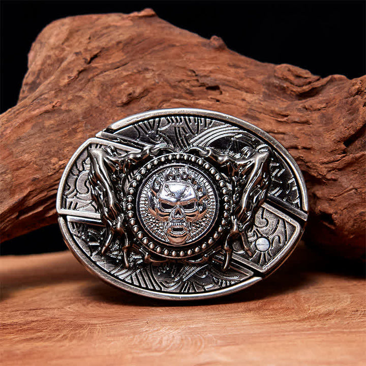 Cinturón de cuero con cuchillo plegable oculto y calavera giratoria para hombre