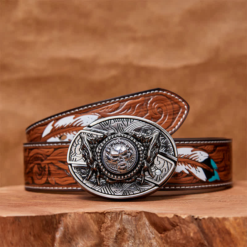 Cinturón de cuero con cuchillo plegable oculto y calavera giratoria para hombre