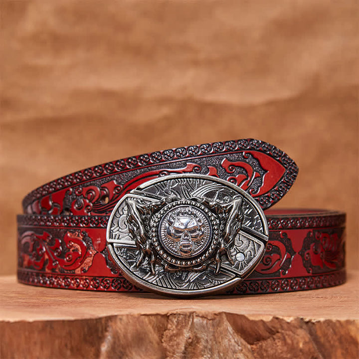 Cinturón de cuero con cuchillo plegable oculto y calavera giratoria para hombre