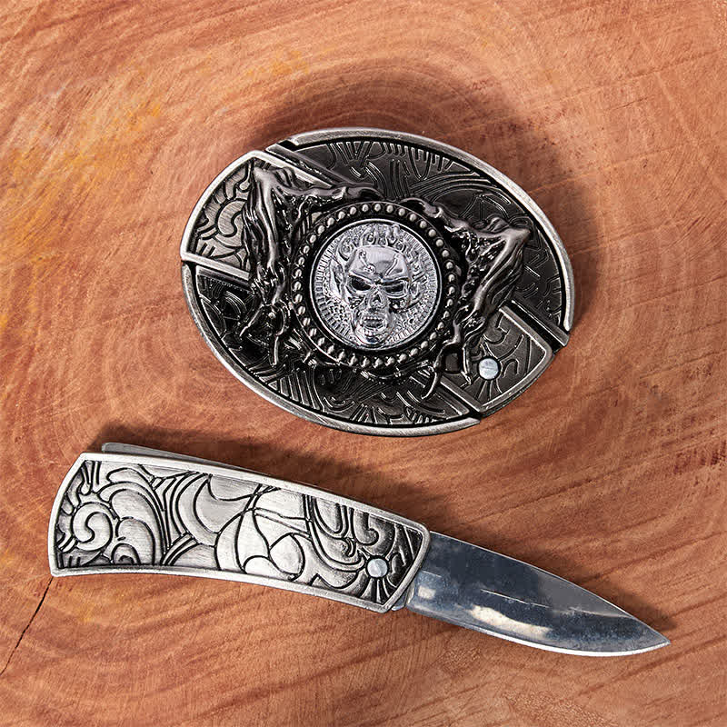 Cinturón de cuero con cuchillo plegable oculto y calavera giratoria para hombre