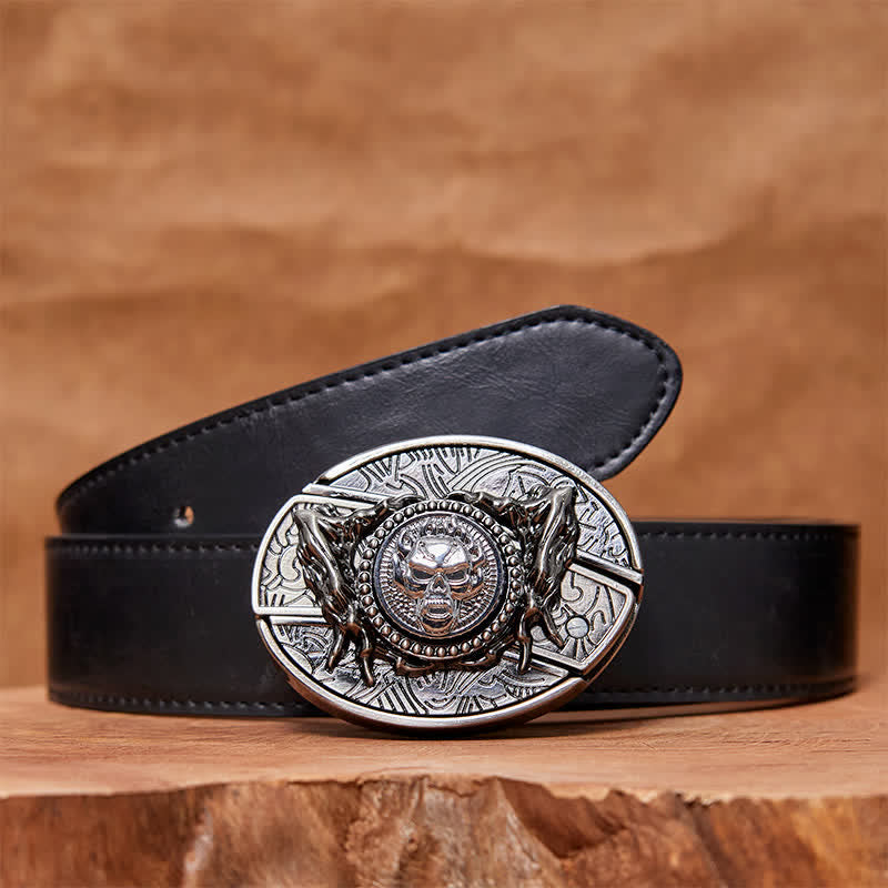 Cinturón de cuero con cuchillo plegable oculto y calavera giratoria para hombre