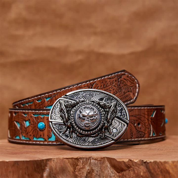 Cinturón de cuero con cuchillo plegable oculto y calavera giratoria para hombre