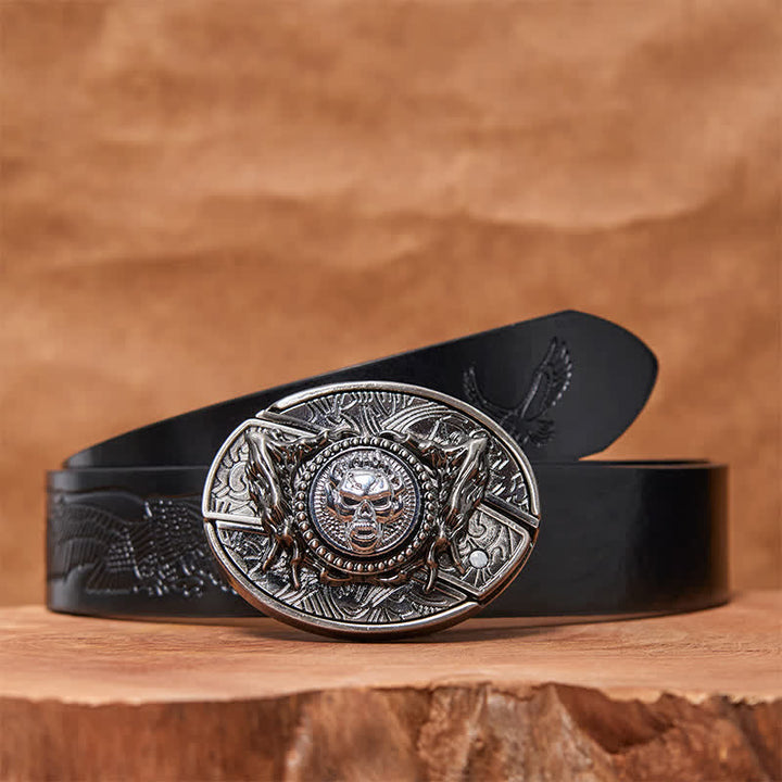 Cinturón de cuero con cuchillo plegable oculto y calavera giratoria para hombre
