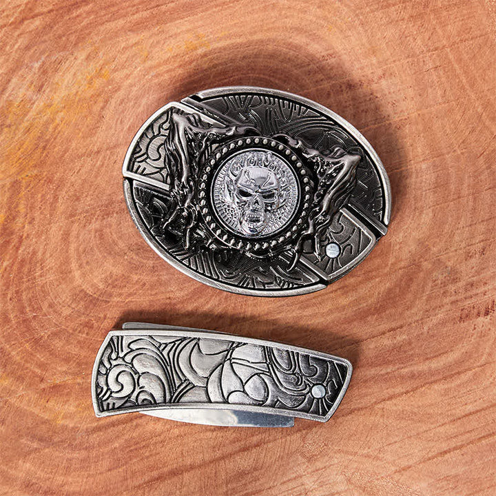 Cinturón de cuero con cuchillo plegable oculto y calavera giratoria para hombre