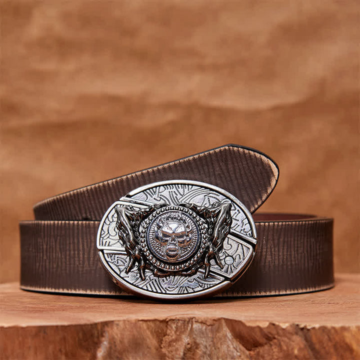 Cinturón de cuero con cuchillo plegable oculto y calavera giratoria para hombre