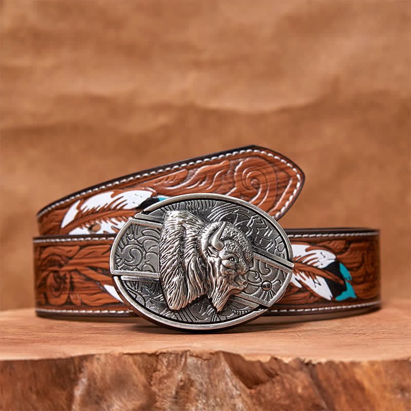 Cinturón de cuero con cuchillo plegable oculto de bisonte para hombre, hecho a mano