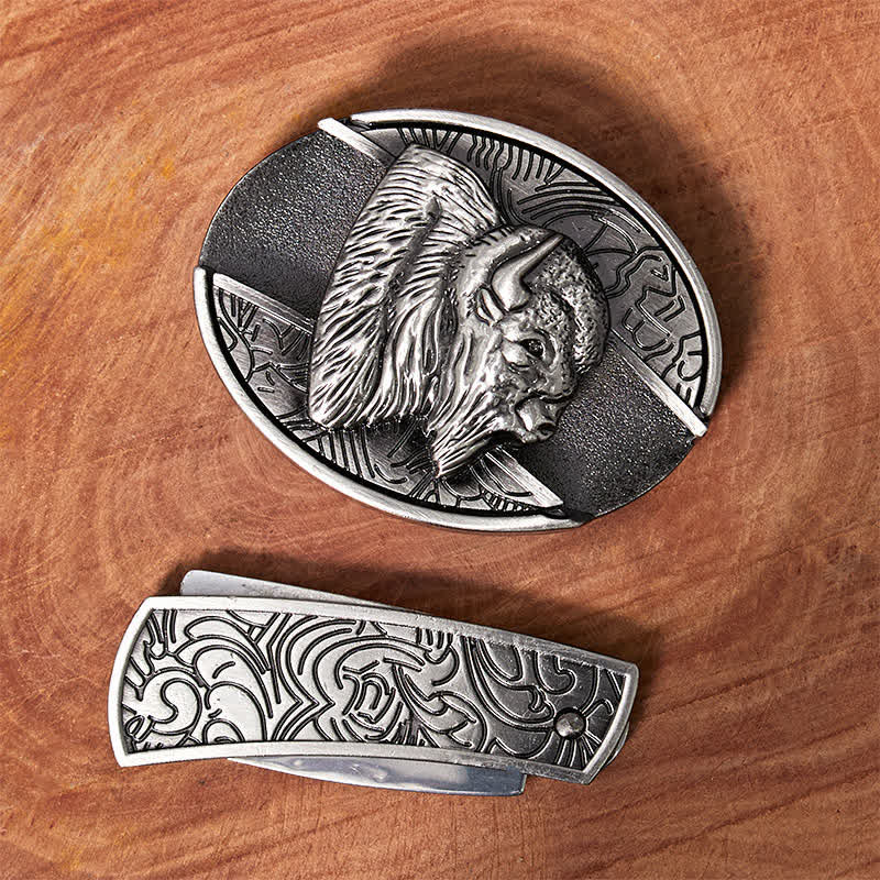 Cinturón de cuero con cuchillo plegable oculto de bisonte para hombre, hecho a mano