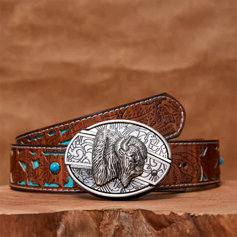Cinturón de cuero con cuchillo plegable oculto de bisonte para hombre, hecho a mano