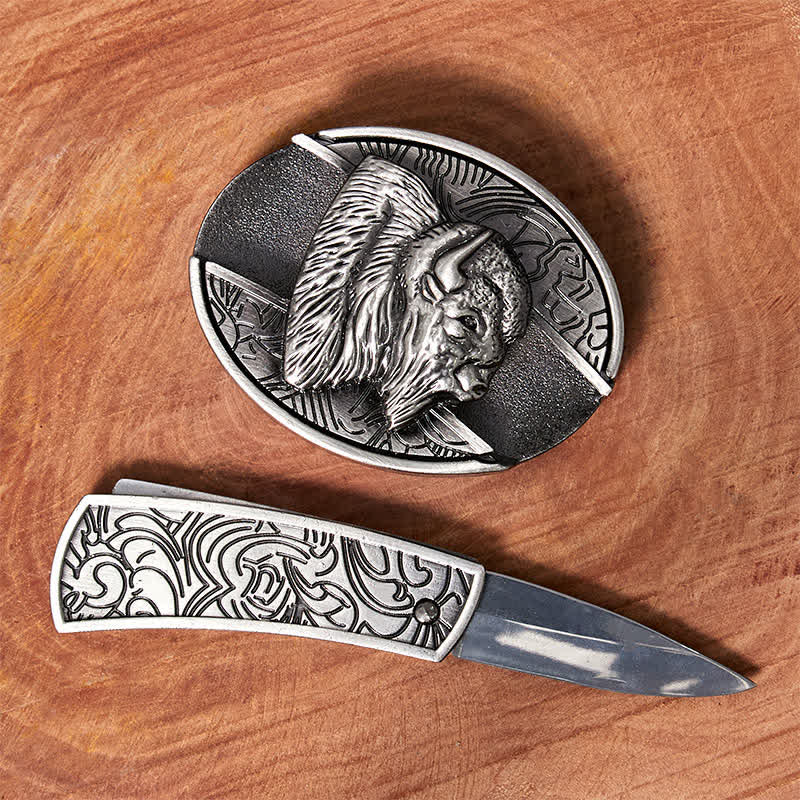 Cinturón de cuero con cuchillo plegable oculto de bisonte para hombre, hecho a mano