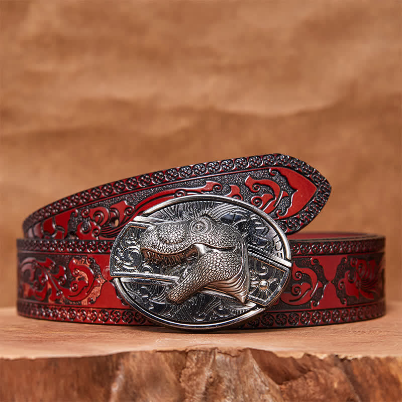 Cinturón de cuero con cuchillo plegable oculto de dinosaurio para hombre