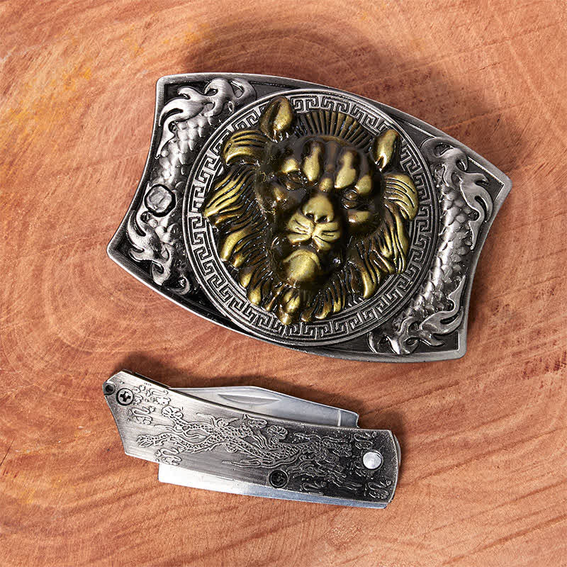 Cinturón de cuero con cuchillo plegable oculto de león dorado para hombre