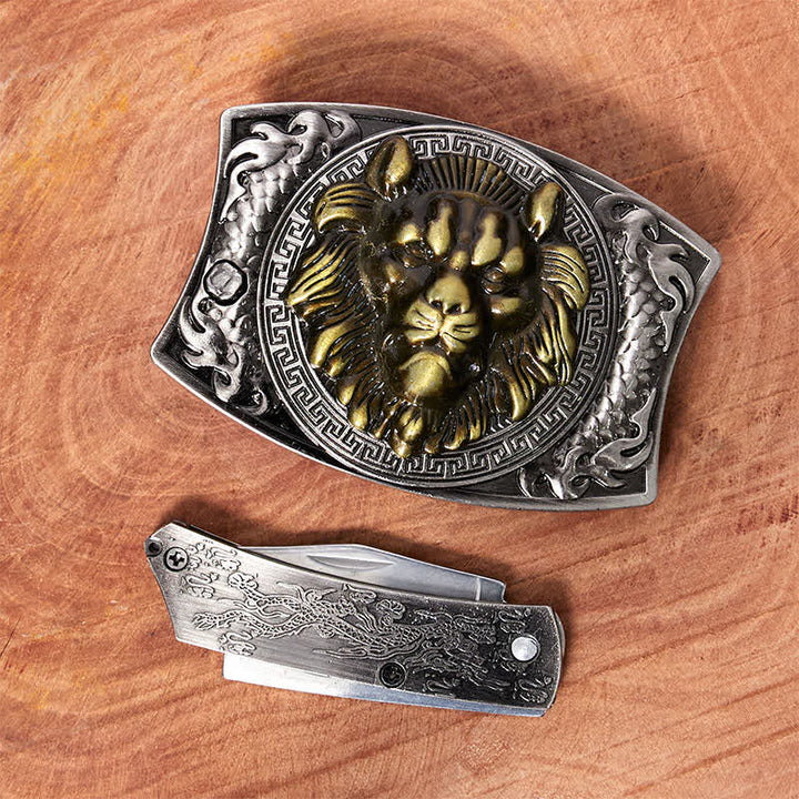 Cinturón de cuero con cuchillo plegable oculto de león dorado para hombre