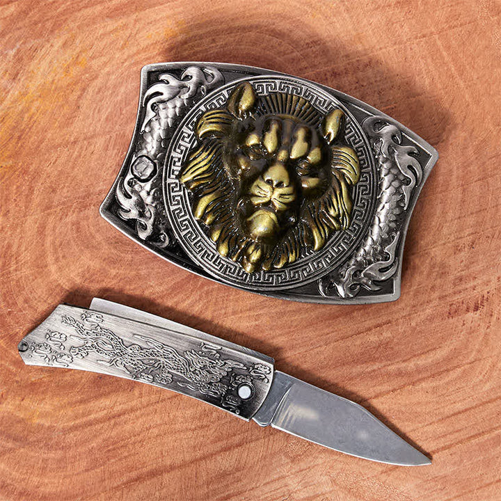 Cinturón de cuero con cuchillo plegable oculto de león dorado para hombre