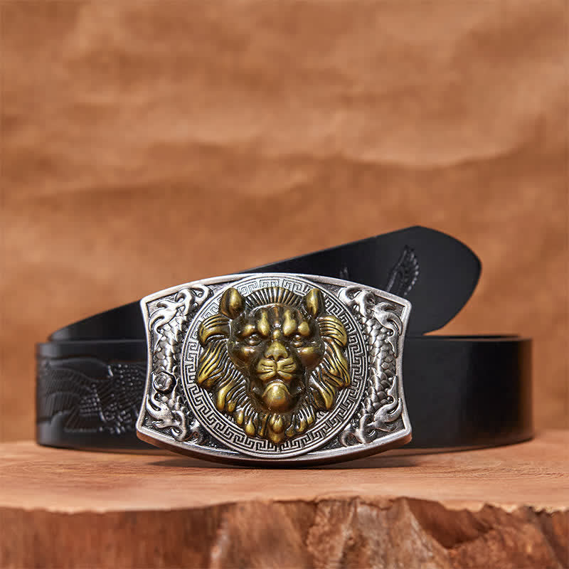 Cinturón de cuero con cuchillo plegable oculto de león dorado para hombre