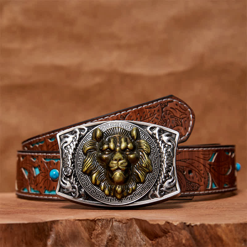 Cinturón de cuero con cuchillo plegable oculto de león dorado para hombre