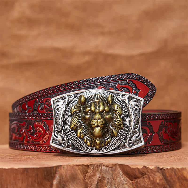 Cinturón de cuero con cuchillo plegable oculto de león dorado para hombre
