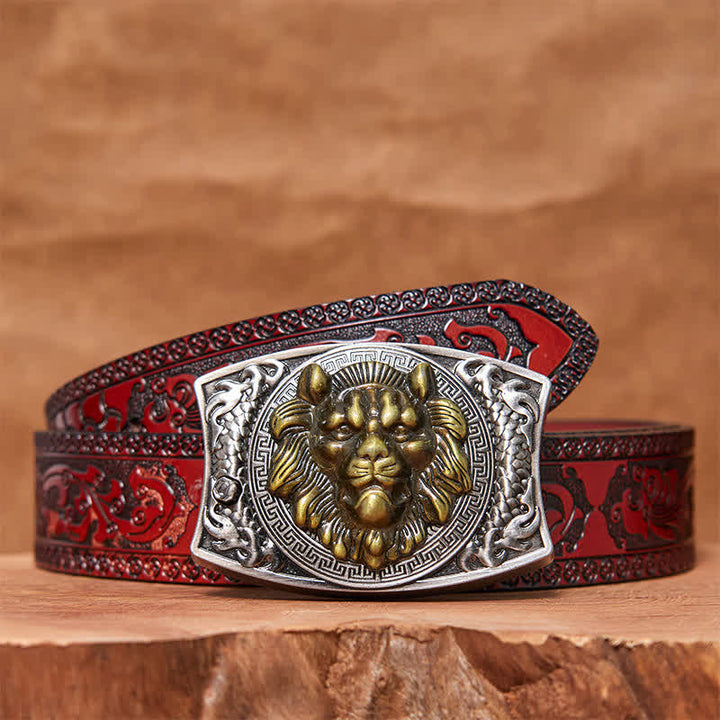Cinturón de cuero con cuchillo plegable oculto de león dorado para hombre