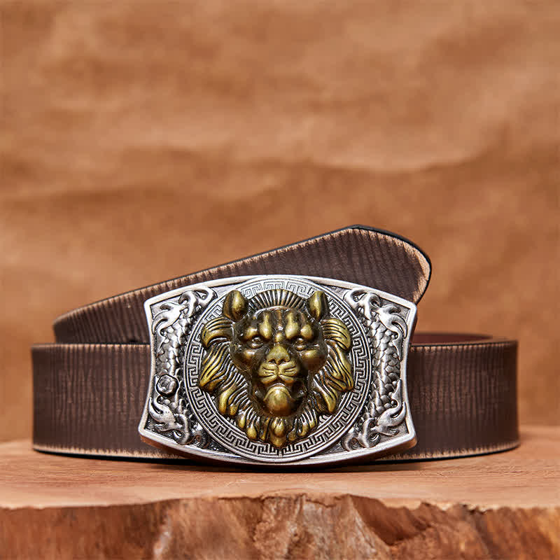 Cinturón de cuero con cuchillo plegable oculto de león dorado para hombre