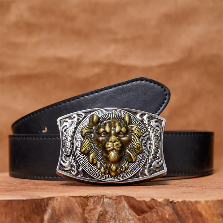 Cinturón de cuero con cuchillo plegable oculto de león dorado para hombre