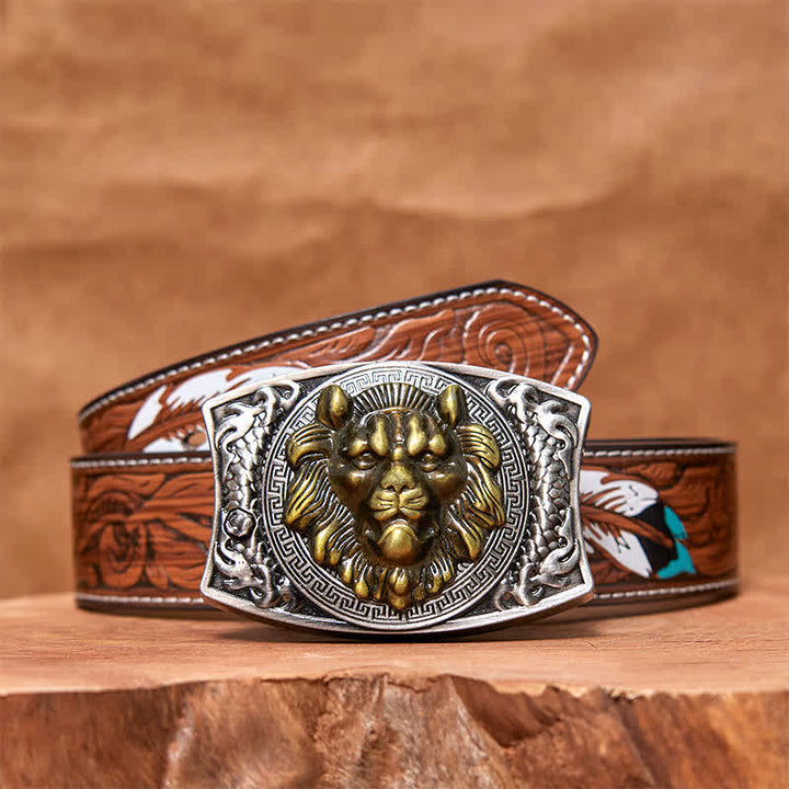 Cinturón de cuero con cuchillo plegable oculto de león dorado para hombre