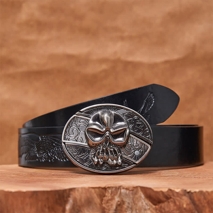 Cinturón de cuero con cuchillo plegable oculto con cabeza de calavera para hombre