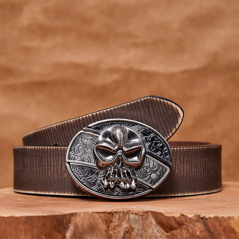 Cinturón de cuero con cuchillo plegable oculto con cabeza de calavera para hombre