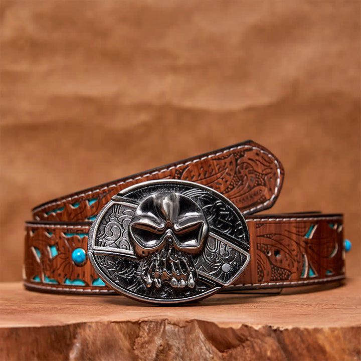 Cinturón de cuero con cuchillo plegable oculto con cabeza de calavera para hombre